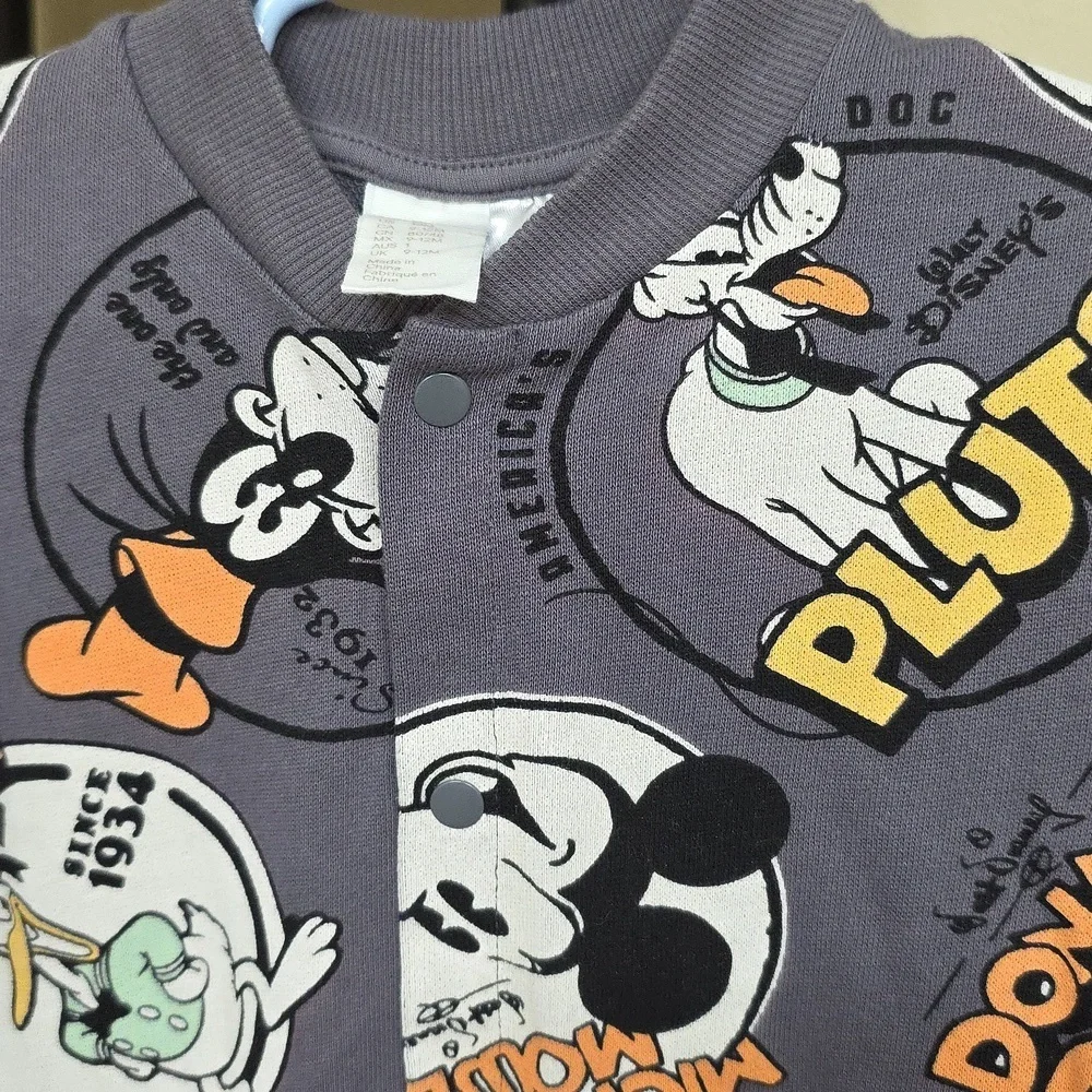 H&M x Disney Baby Mickey Pluto Donald Cotton Snap Romper Gray 12M Vacation Retro